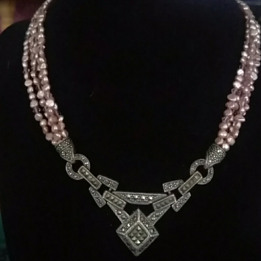 Sterling Silver/Marcasite /pearls necklace Antique